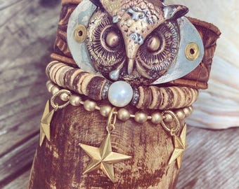 Owl Bracelet Cuff, Owl Leather Cuff, Woodland Bracelet Cuff