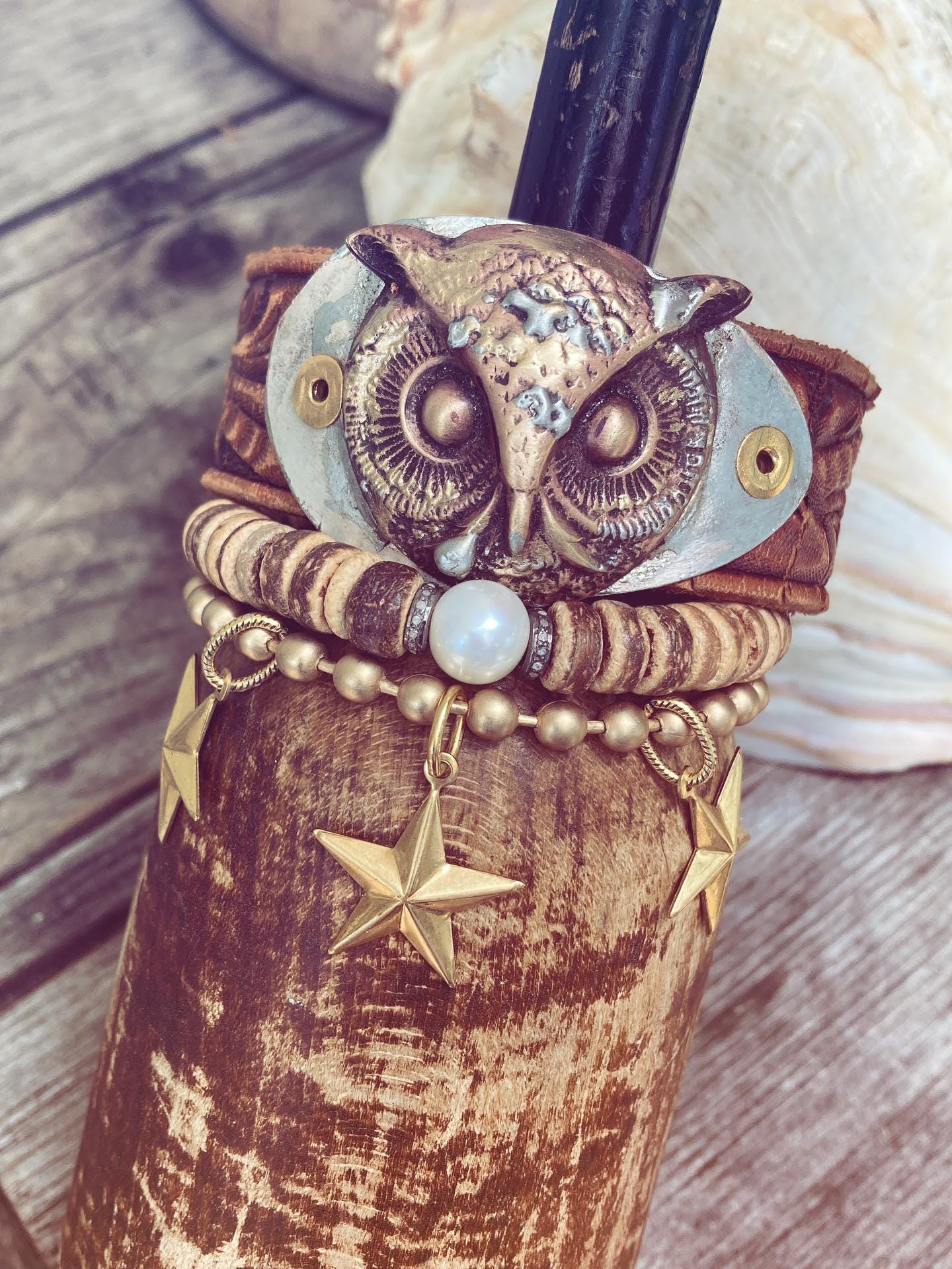 Owl Bracelet Cuff, Owl Leather Cuff, Woodland Bracelet Cuff