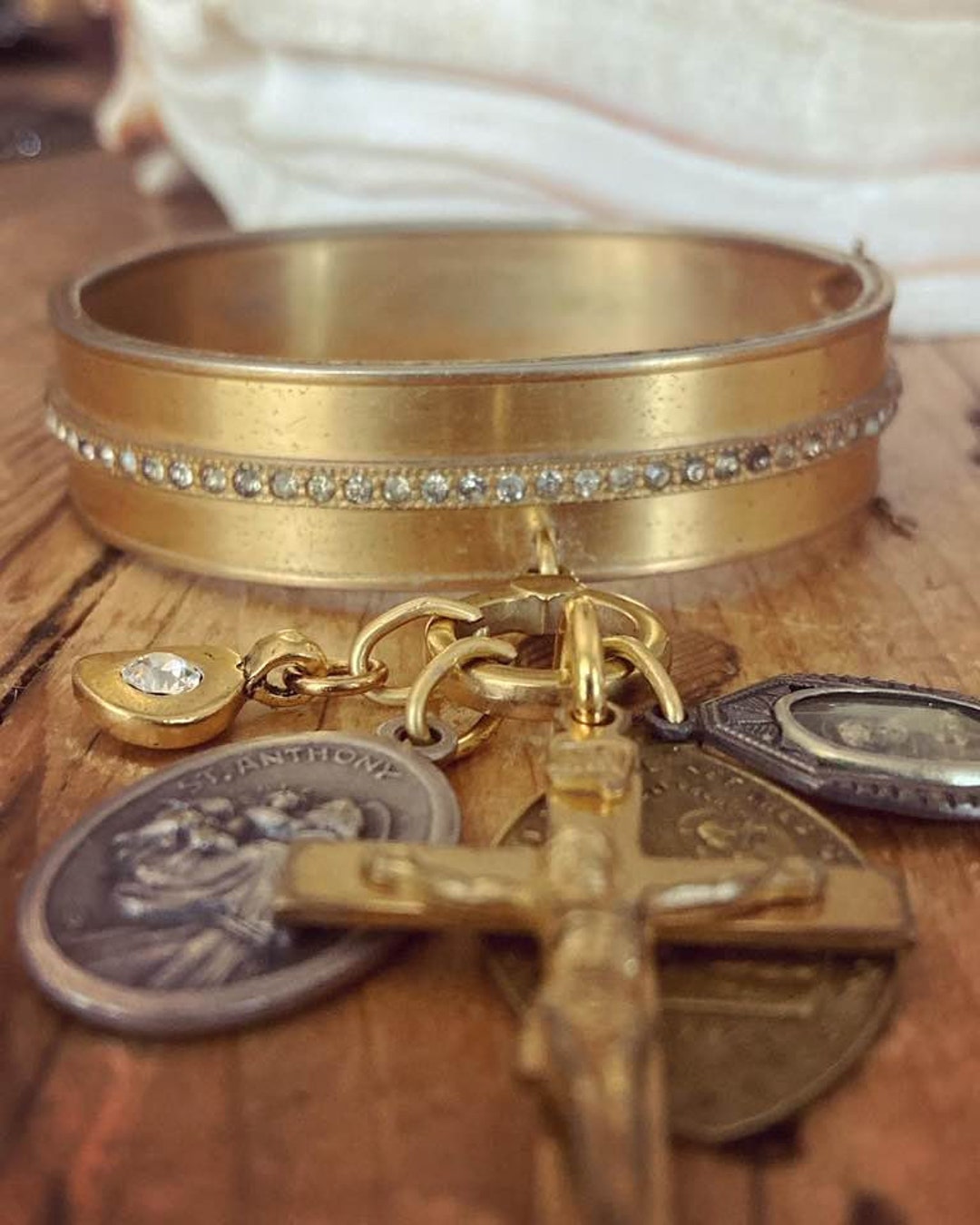 French Medal Religious Bracelet Bangles, Vintage Religious Medal