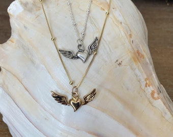 Winged Heart Necklace, Flying Heart Necklace, Winged Heart Pendant Necklace