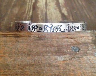 Wake Up Kick Ass Repeat Handstamped Bangle Bracelet, Customized Personalized Hand Stamped Bracelet