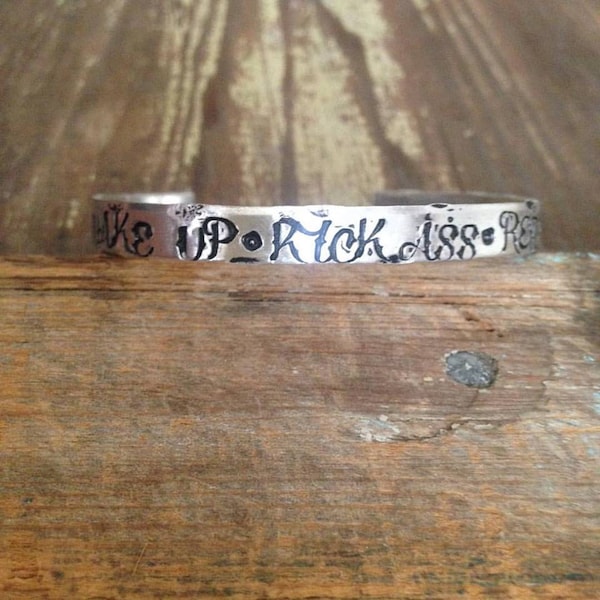 Wake Up Kick Ass Repeat Handstamped Bangle Bracelet, Customized Personalized Hand Stamped Bracelet