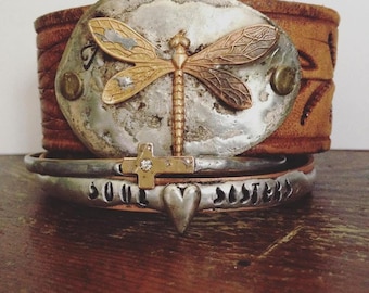 Dragonfly Cuff Bracelet, Distressed Leather Cuff Bracelet