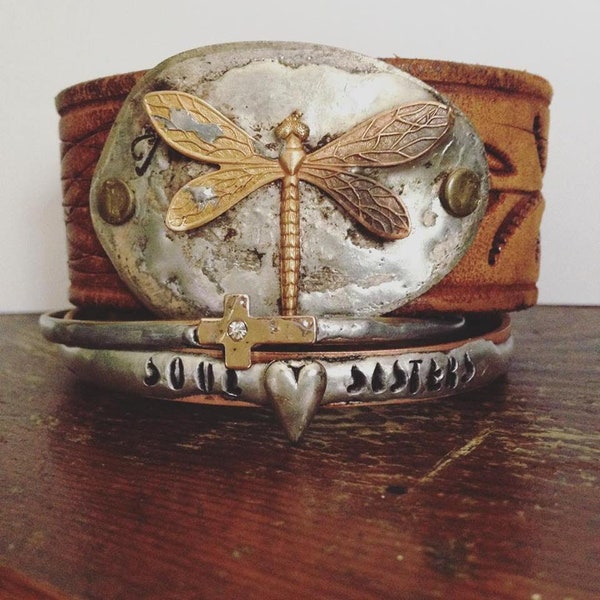 Dragonfly Cuff Bracelet, Distressed Leather Cuff Bracelet