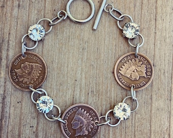 Bracelet penny indien, bijoux penny indiens, bracelet pièce de monnaie, bijoux pièce de monnaie