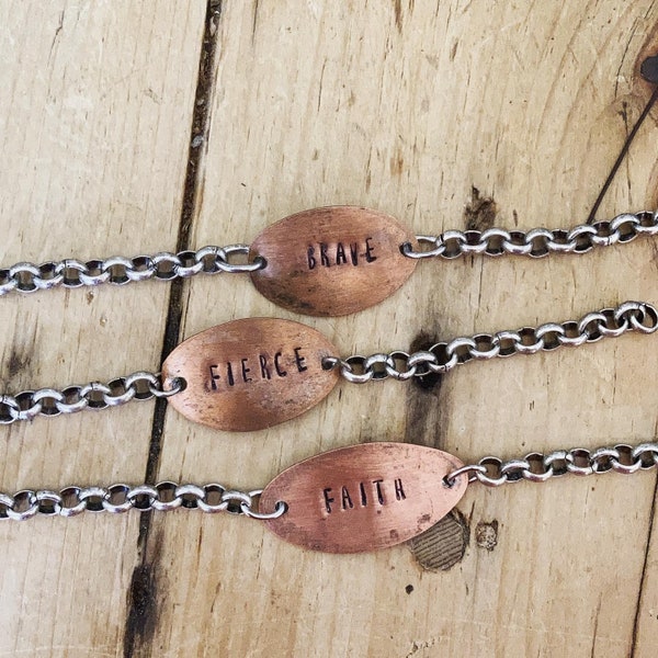 Smashed Penny Bracelet, Customized Bracelet, Personalized Bracelet, Fierce Bracelet, Brave Bracelet Inspirational Word Bracelet