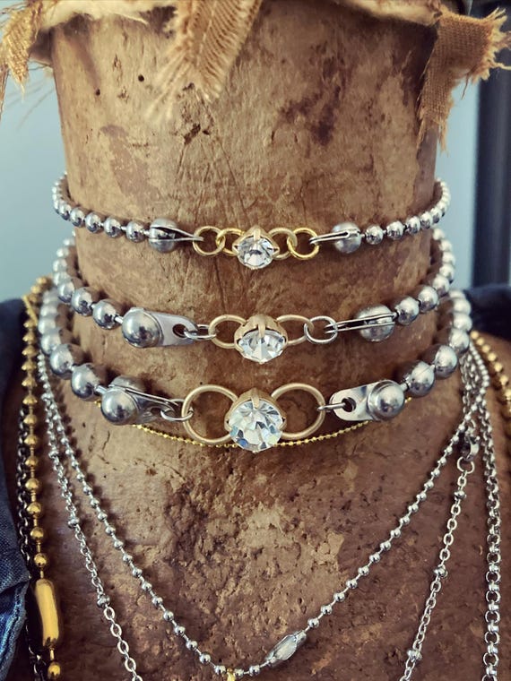 Rhinestone Choker Necklace, Steel Ball Chain Choker Necklace, Industrial Choker Necklace, Mixed Metal Ball Chain Necklaces