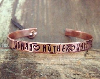 Woman Mother Warrior Hand Stamped Copper Cuff Bracelet, Mother Cuff Bracelet, Woman Cuff Bracelet, Warrior Cuff Bracelet