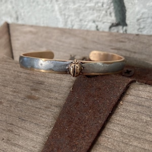 Peut inclure: Un bracelet en argent et or avec un charme de coccinelle. Le bracelet est en métal et a une finition martelée. Le charme de coccinelle est en or et a des points noirs.