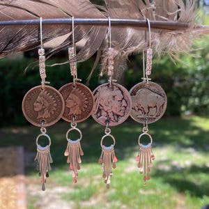 Buffalo Indian Nickel Earrings, Indian Head Penny Earrings, Coin Money Earrings, Fringe Earrings, Rhinestone Earrings, Bohemian Earrings