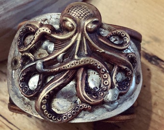 Octopus Cuff Bracelet, Octopus Leather Cuff Bracelet, Kraken Cuff Bracelet, Nautical Ocean Cuff Bracelet