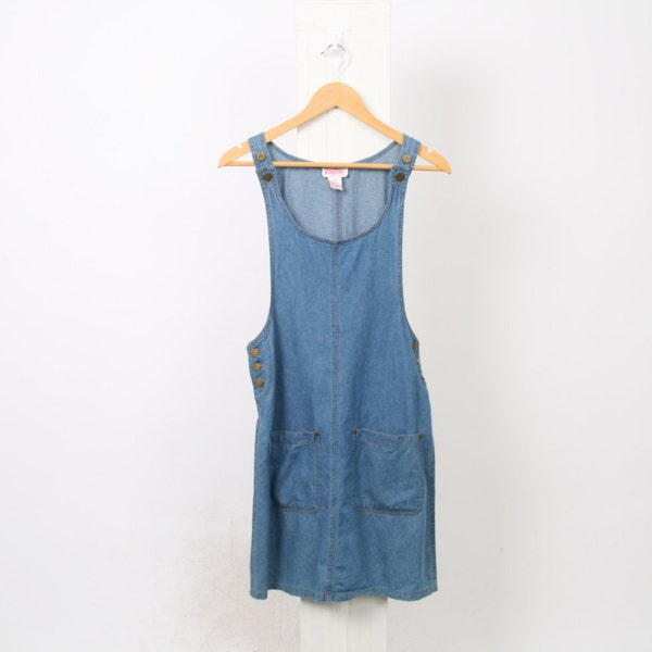 90s Vintage Womens M Medium DENIM Chambray Cotton Mini Pinafore Pocket Button Shift Blue Jumper Dress