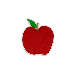 May include: Red embroidered apple patch with a green leaf and brown stem.