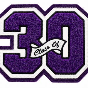 May include: A purple and white chenille patch featuring the number 30 with a white banner across the center containing the black text Class Of. The patch has a thick purple border with white and black outlines, creating a varsity letter style.