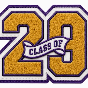 May include: A chenille patch featuring the number 29 in gold with a white and purple border. A white banner with a purple border and the text "CLASS OF" in purple letters is layered across the center of the numbers. The patch has a textured finish.