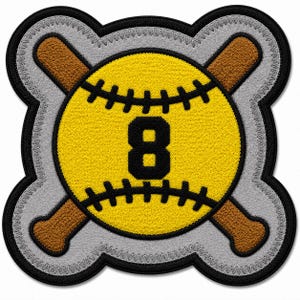 May include: A circular embroidered patch featuring a bright yellow softball with black stitching and the number 8 in the center. Two brown baseball bats are crossed behind the ball, all set against a light gray background with a black border.