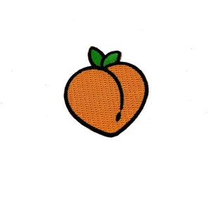 May include: A peach-colored embroidered patch of a peach with a green stem and leaf.
