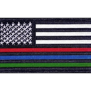 May include: An embroidered patch featuring a thin blue line American flag with red, blue, and green stripes added below the traditional red and white stripes.