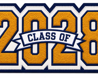 Chenille Year Patch, Inside Banner,  Block Text - Chenille Varsity Letterman Jacket Patch