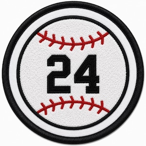 May include: A circular embroidered patch featuring a white baseball design with red stitching details. The center of the patch displays the number 24 in bold black font. The entire design is enclosed by a thick black border with a white trim.