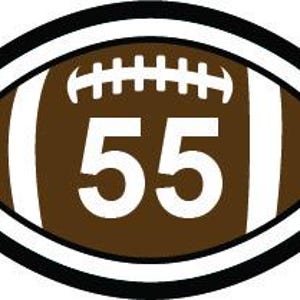 May include: A brown football with white stripes and the number 55 in white. The football is outlined in black and white.