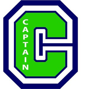 May include: A sticker with the word "CAPTAIN" vertically aligned on the left side of a large, stylized letter "C". The design features a green interior, white borders, and a dark blue outline. The sticker measures 4.19 inches in height.
