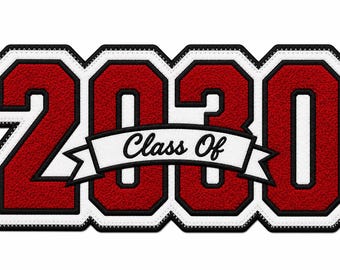 Chenille Year Patch, Inside Banner,  Script Text - Chenille Varsity Letterman Jacket Patch