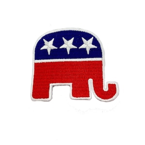 May include: Red, white, and blue embroidered elephant patch with three white stars. The elephant is facing right and has a white outline.