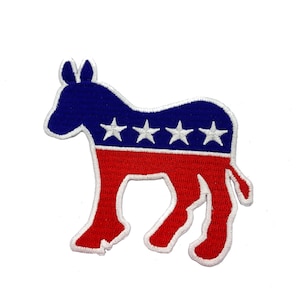 May include: An embroidered patch depicting a red, white, and blue donkey with five white stars on a blue stripe. The donkey is a symbol of the Democratic Party in the United States.