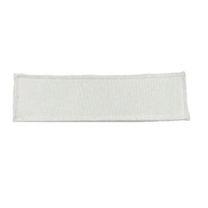 May include: A white blank woven label with a smooth surface. The label is rectangular and has a slightly rough texture.