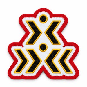 May include: An embroidered patch featuring a white base with a red border. The design includes five black chevron shapes outlined in yellow, arranged in two rows. Two small black circles with yellow borders are positioned between the chevrons.