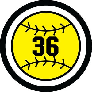 May include: A yellow softball with black stitching and the number 36 in black. The softball is surrounded by a white circle and a black circle.