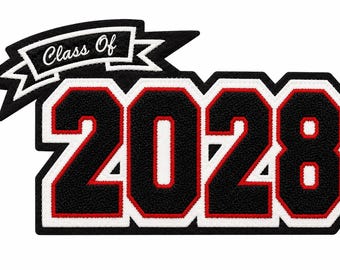 Chenille Year Patch, Outside Banner,  Script Text - Chenille Varsity Letterman Jacket Patch