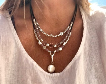 Multi-strand  Layered Leather Necklace with Cut Pearls, Statement Leather Necklace with Multi-strand Cube Cut Pearls Round Pearl Pendant
