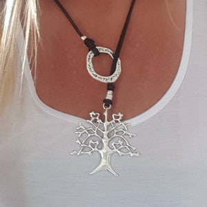 Tree of life pendant woman leather, Y necklace, endless Rings, Tree of life pendant necklace, leather woman endless Ring statement necklace