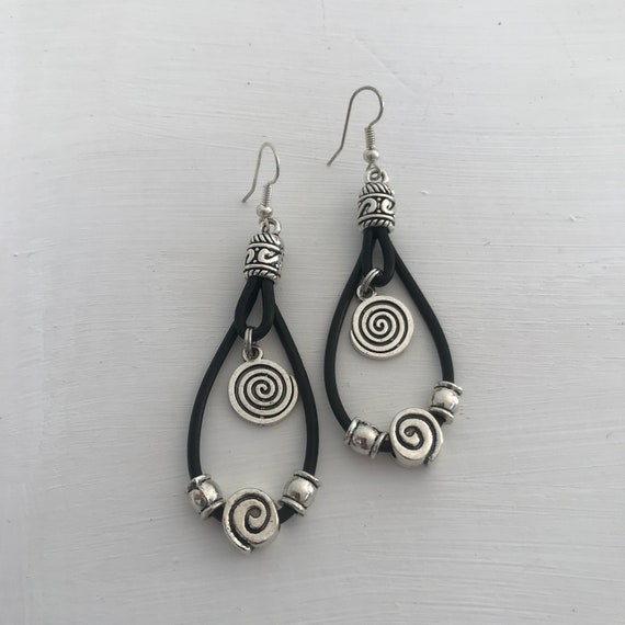 handmade leather Hook earrings, leather teardrop woman earrings, woman leather earrings, dangle leather spiral earrings, Boho Style gift