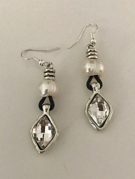 dangle hook crystal charm earrings, dangle earrings, leather, crystal drops earrings, leather, leather pearl earrings for her