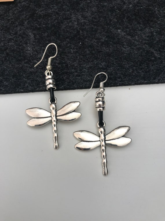 Dragonfly leather earrings ear hooks, hanging dragonfly earrings with leather, Boho Hippie style dragonfly Unode50 style earrings, gift idea