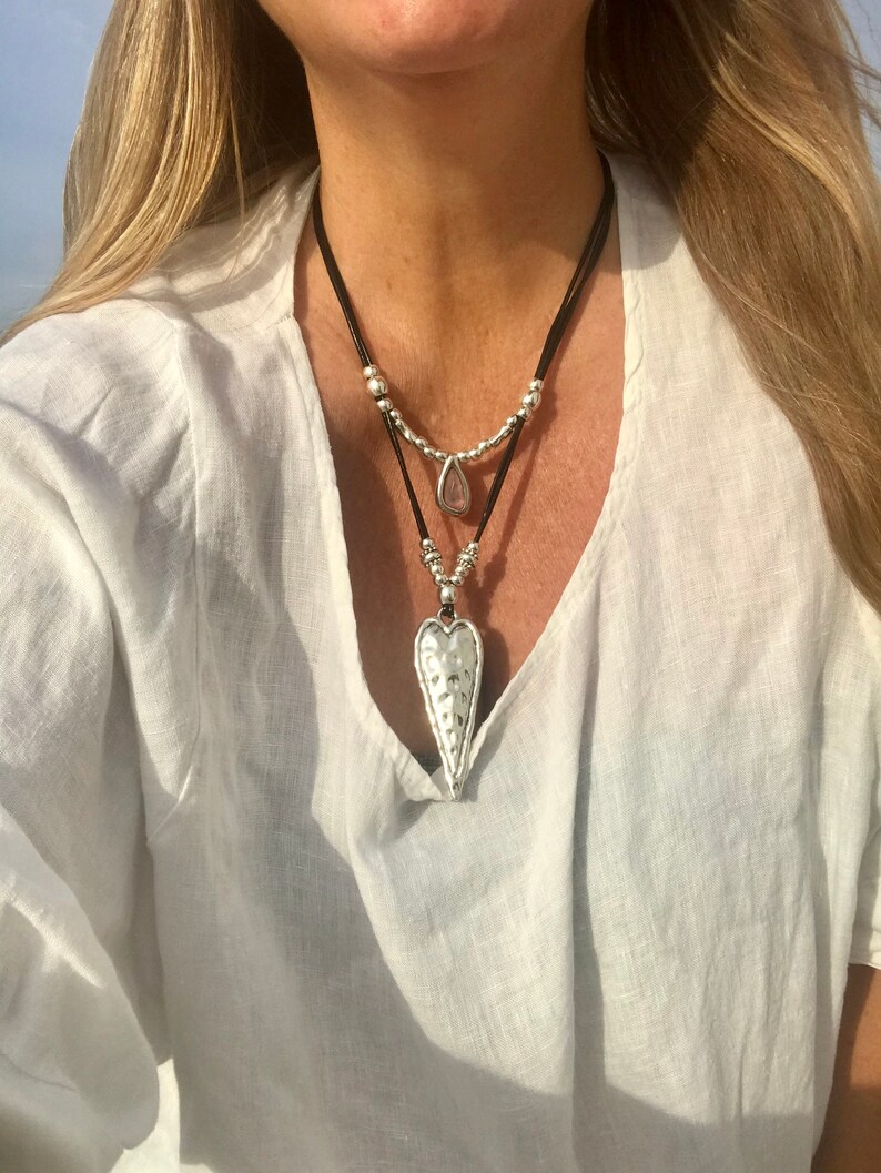 Heart pendant leather necklace double strand heart love Etsy