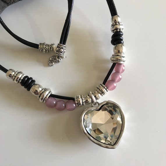 leather necklace crystal pendant, beaded leather necklace heart crystal, uno de 50 Style, gift idea heart crystal pendant leather necklace