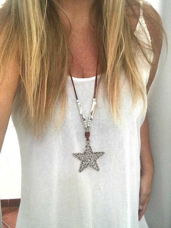 long leather necklace, long pendant necklace, star pendant, Bohemian style, Beach style, gift idea, Christmas, leather Choker, star pendant,