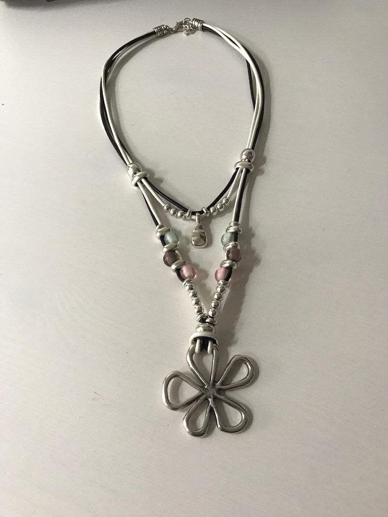 floral necklace for her gift idea flower pendant pendant necklace Boho style unode50 style Statement piece double leather necklace