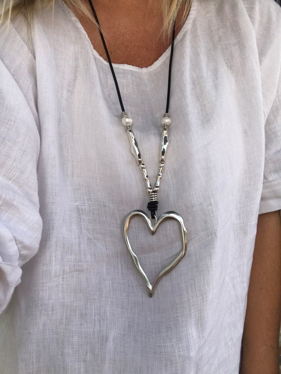 long casual leather necklace with Statement heart pendant, long metal and pearl beaded Boho heart necklace, love necklace, original design