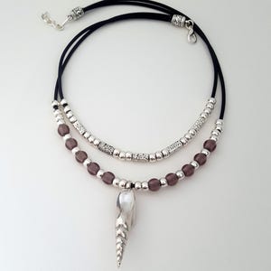 double strand beaded woman leather necklace with shell pendant and color beads, short leather Boho necklace, handmade spanish design