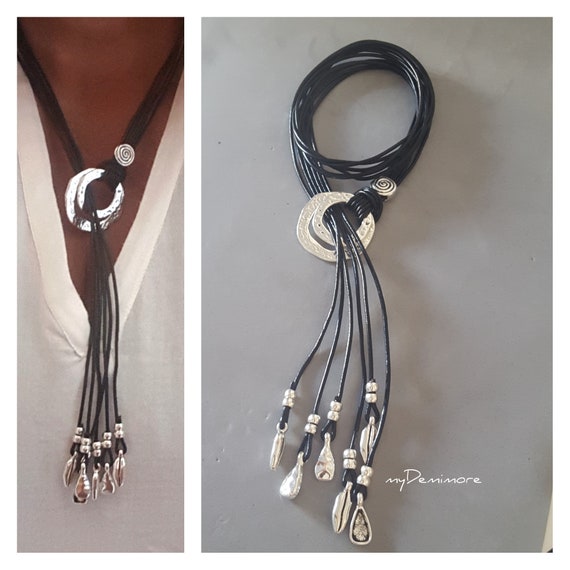 woman leather, Y necklace, lariat, Loop leather necklace, endless Ring, leather tassel, gift idea, girlfriend gift, Boho style,unode50 Style