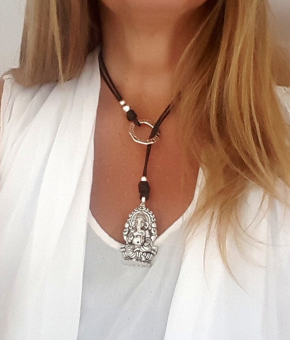 leather Lariat Boho necklace Indian Style, Ganesha pendant leather Choker, Y necklace, lariat with Ganesha necklace