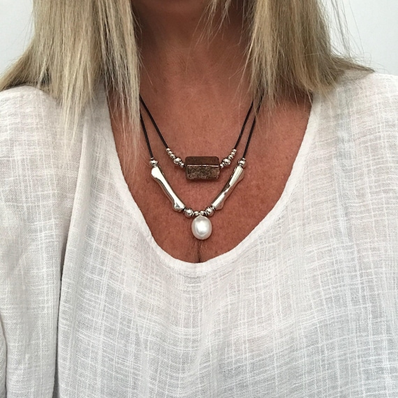 Double Strand Leather Necklace for Women, Boho Copper and Pearl