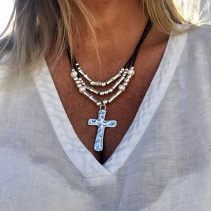 layered leather necklace Boho with cross pendant, Boho Hippie multi-strand layered necklace, original design myDemimore, gift idea for her
