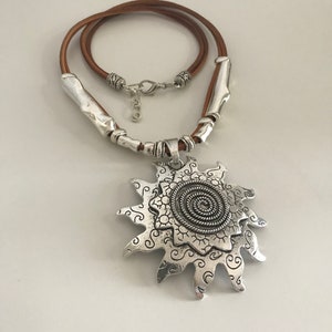 woman leather beaded necklace, sun pendant, Boho, hippie, gift idea, statement necklace, spanish design, leather choker, unique piece