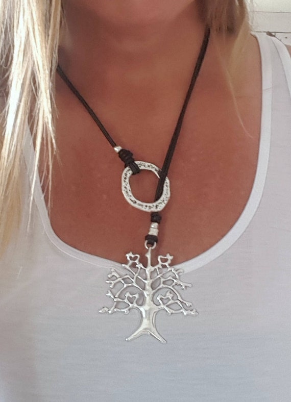 Tree of life pendant woman leather, Y necklace, endless Rings, Tree of life pendant necklace, leather woman endless Ring statement necklace